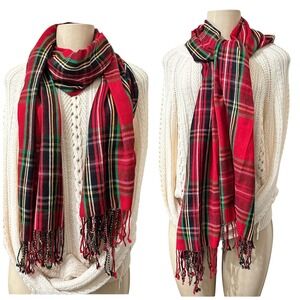 Punctuate Plaid Wool Scarf Shawl Red Black Green Yellow Fringe Wrap